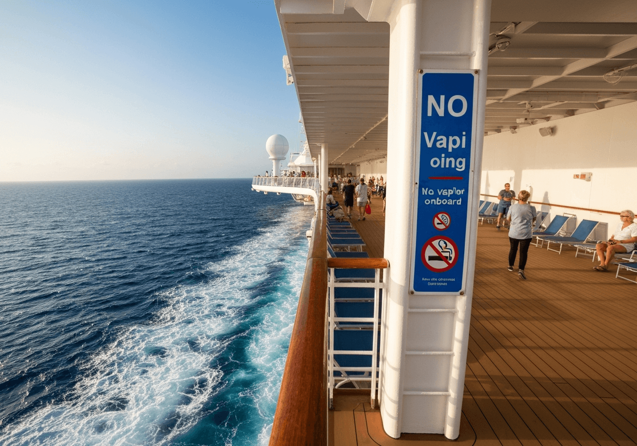 Can You Bring Vape on a Cruise? Cruise ship deck with no vaping sign.