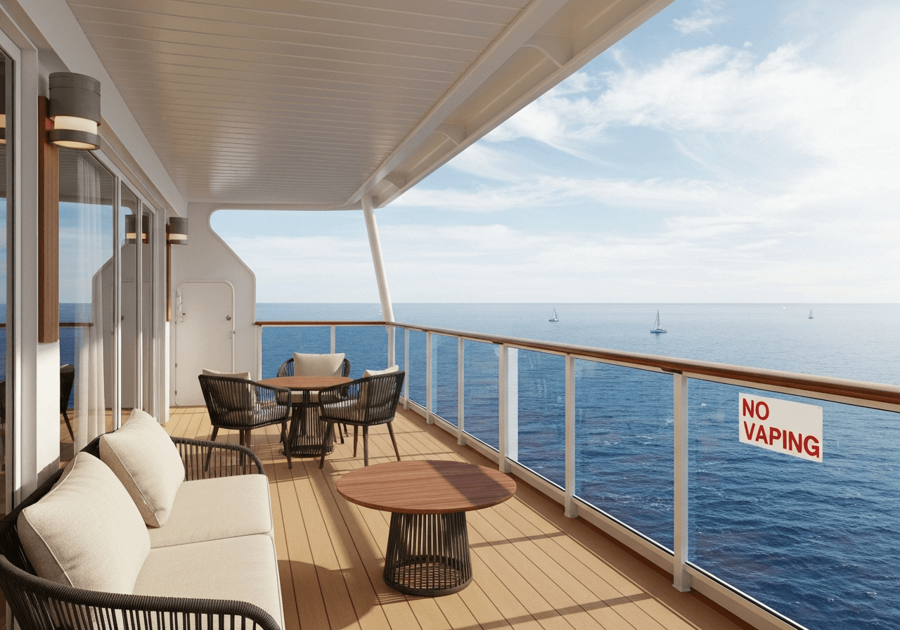 Are Vapes Allowed on Cruises? Cruise balcony with no vaping sign.