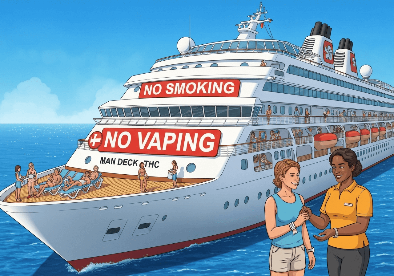 Are Vapes Allowed on Cruises? Cruise ship with no-vaping sign.